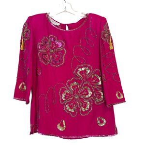 Vintage Argenti Silk Beaded Sequin Blouse Top Medium Pink Gold Tassels 80s 90s